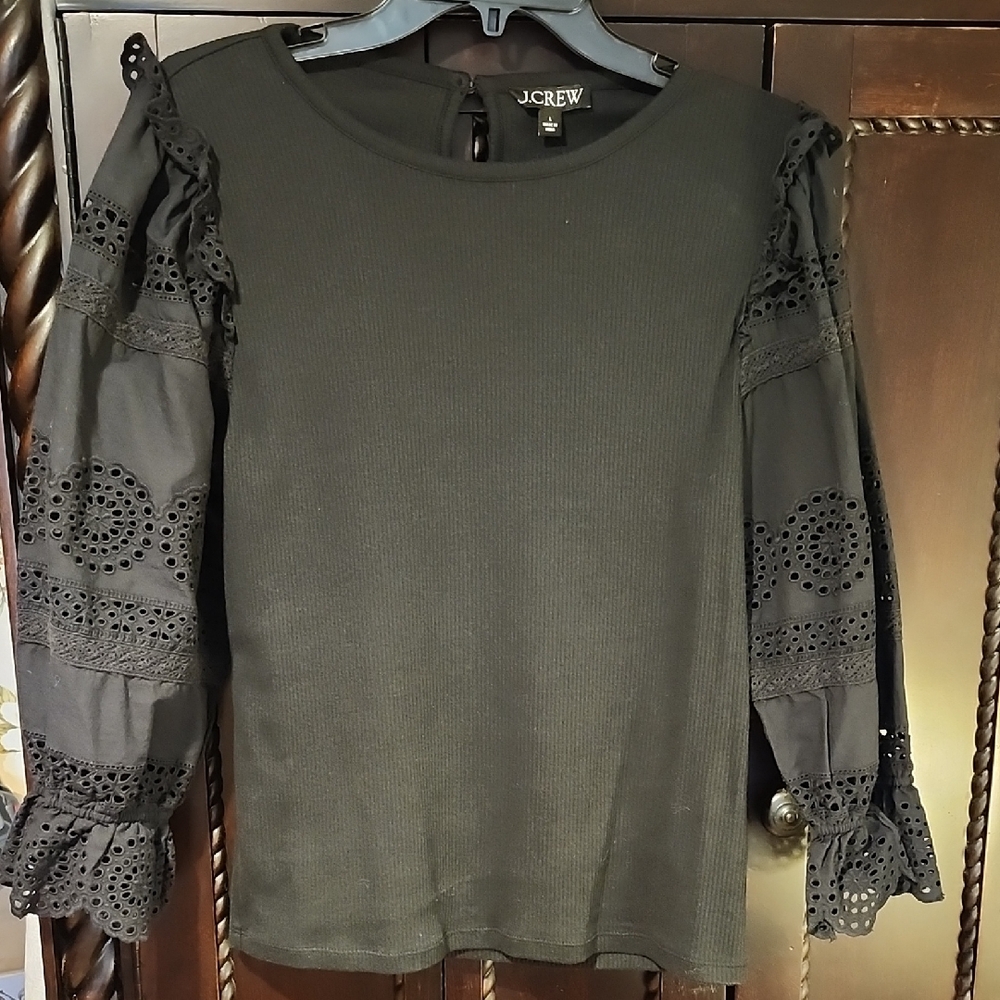 J. Crew Black Ribbed Top with Eyelet Lace Sleeves